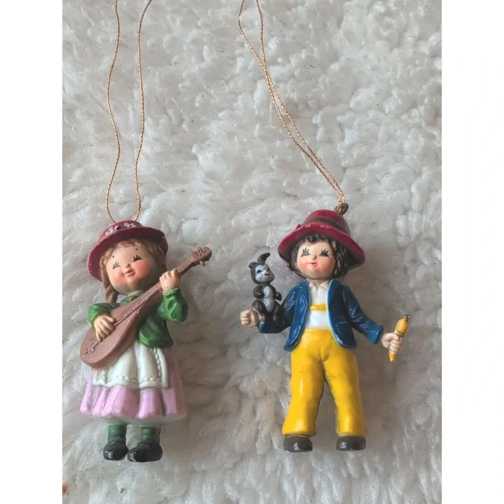 Vintage 1983 Bradford Novelty Girl Mandolin & Alpine boy Christmas Ornament